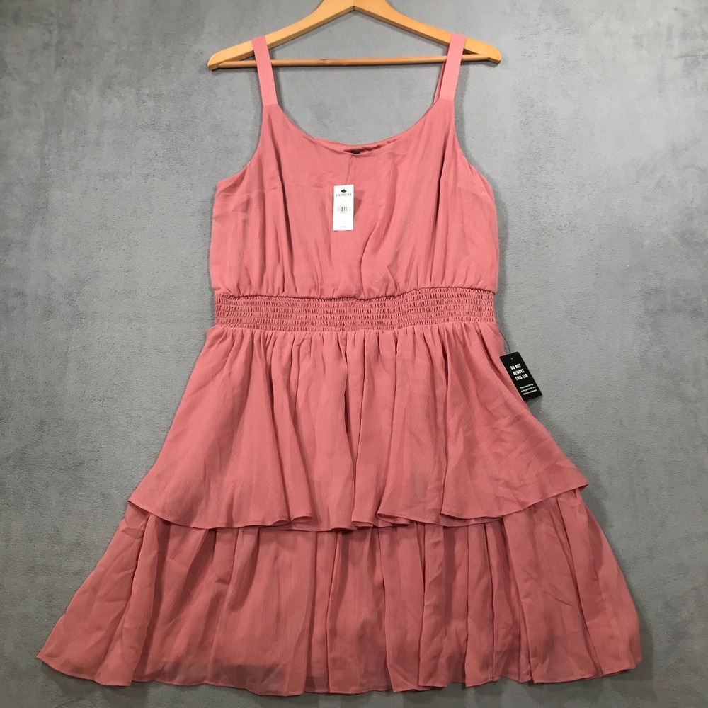 Express Tiered Mini Dress Womens Size L Pink New Smocked Waist Sleeveless